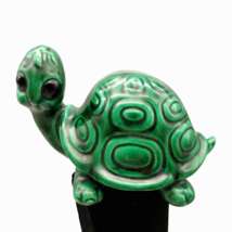 Vintage Ceramic Turtle Big Eyes Tortoise Green Black 6&quot; Glossy Figurine Figure - £8.28 GBP