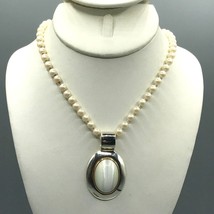 Knotted Faux Pearl Strand Necklace with White Tigers Eye Cabochon Pendant - £33.44 GBP