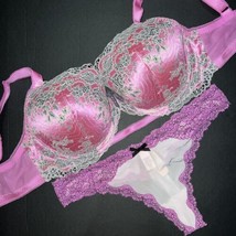 Victoria&#39;s Secret 34DDD Bra Set Thong Lilac Pink Berry Embroidered Dream Angels - £55.07 GBP