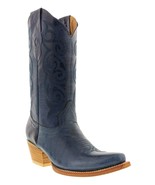 Womens Denim Blue Cowboy Boots Solid Leather Stitched Snip Botas Vaquera... - £65.25 GBP