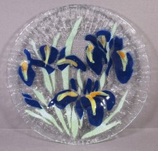 Fused Glass Clear Plate Sydenstricker Signed Blue Iris 8.5&quot;. - £18.20 GBP