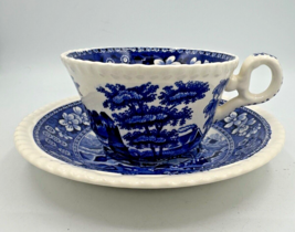 Spode Blue Tower Tea Cup &amp; Saucer Set C.1814 England Blue &amp; White Gadroon Edge - £7.76 GBP