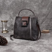 Chinese Style Bucket Bag 2022 New Retro Leather Handbag Handmade Solid Color Cow - £100.13 GBP