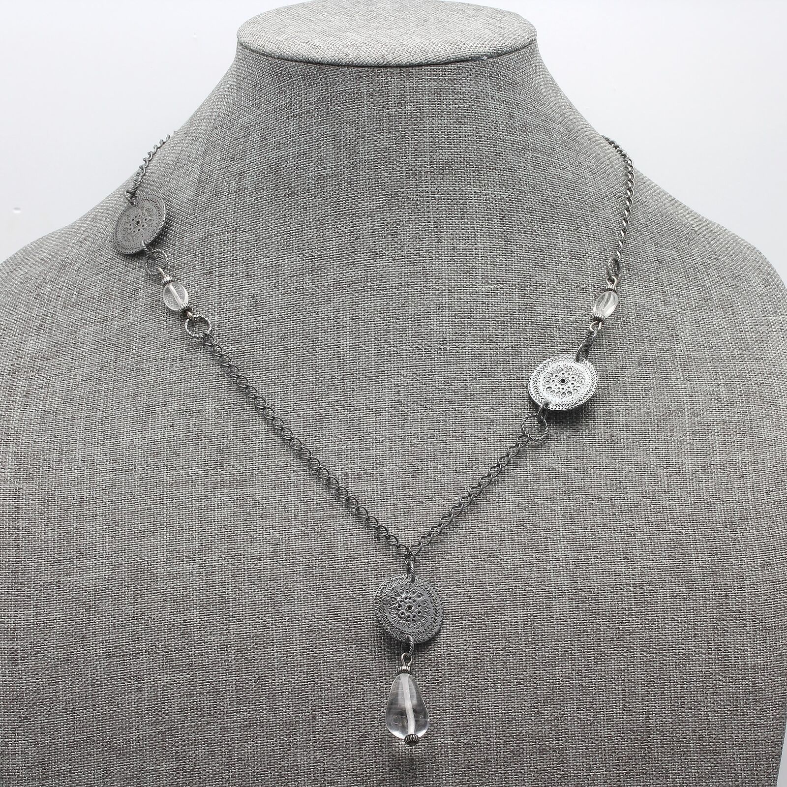 Retired Silpada Oxidized Sterling "Coin" Station Crystal Drop Necklace N1713 - £31.45 GBP
