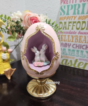 Easter Pink Gold Egg Pedestal Bunny Rabbit Resin Figurine Tabletop Decor 8.5&quot; - £34.36 GBP