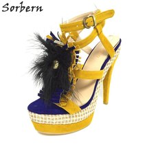 Rope Platform Ostrich Feather Thin High Heels Ankle Straps Designer Shoes Women  - £223.28 GBP