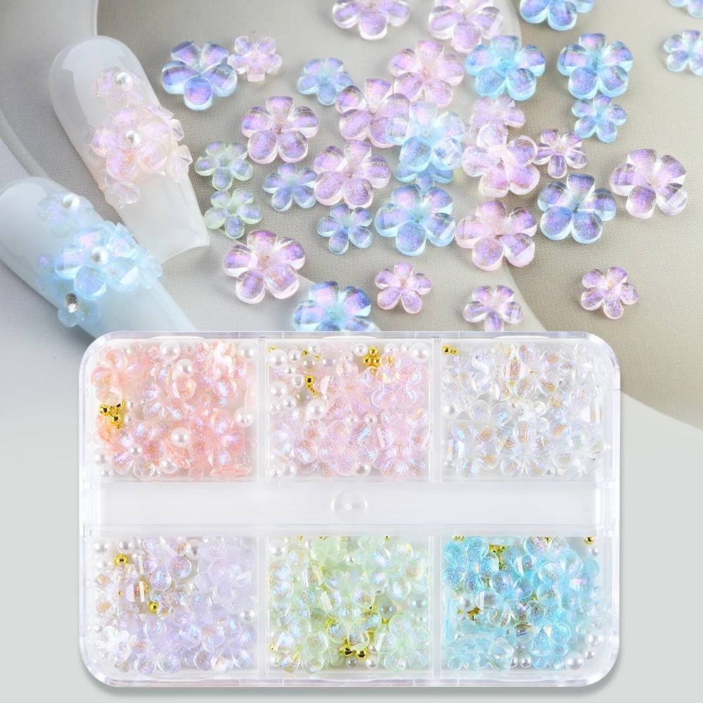 Shiny 3D Flower Nail Charm Parts Mixed Pearl Rhinestone Decoration Manicure - £9.08 GBP+