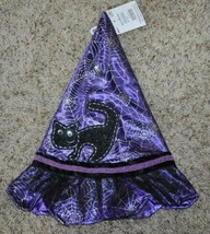 Girls Witch Hat Purple Black Cat Soft Satiny Halloween Accessory - £3.94 GBP