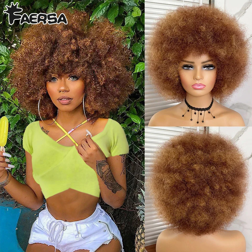 Short Hair Afro Kinky Curly Wigs With Bangs For Black Women African Synthet - £19.96 GBP+