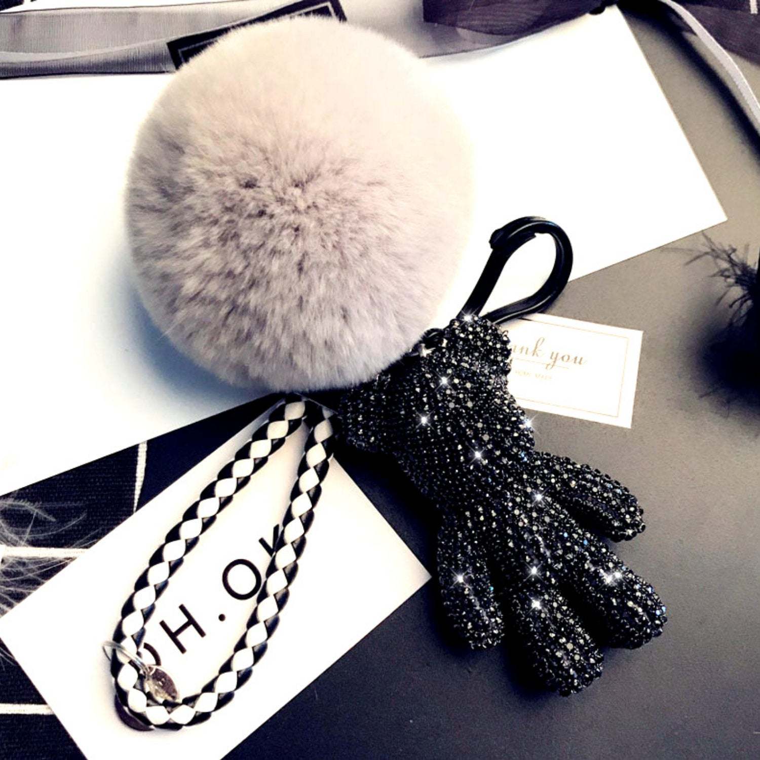 Bling Rhinestone Bear Key ring with pompon,Crystal teddy bear Key Chain,... - $30.80