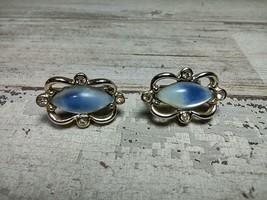 Vintage Signed SAC Silver Tone Clip On Earrings Faux Opal Rhinestones Oval - $10.85