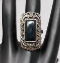 Sterling Silver 925 Black Onyx Marcasite Cocktail Elongated Ring Size 7.5 - $727.42 MXN
