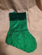 Christmas Stocking 16 inches Sequined  Green velvet Cuff,Fireplace Xmas - $9.89