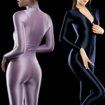 Women Satin Bodysuit Shiny Gloss Unitard Costumes 2-Way Zipper Leotard Jumpsuit - £10.37 GBP