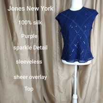 Jones New York 100% Silk Purple Sparkle Detail Sheer Overlay Top Size 12 - £12.82 GBP