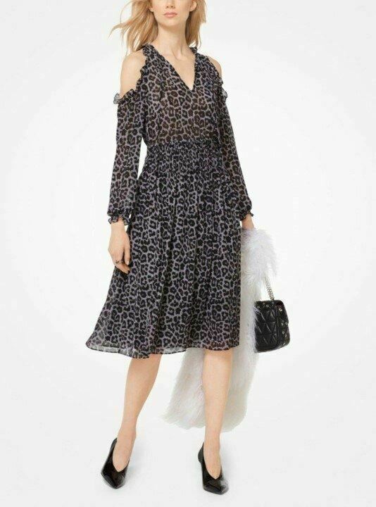 Primary image for Michael Kors Leopard Print Cold Shoulder A-Line Chiffon Midi Party Dress, Black 