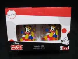 Disney Minnie Mouse Grid Set 2 Mason Red Jars with Lids &amp; Straws RSquared - £20.04 GBP