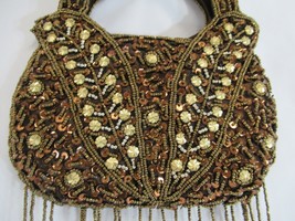 Sequin Party Handbag Bronze Brown Gold Beaded Top Handle Shoulder Strap Satin - £18.25 GBP