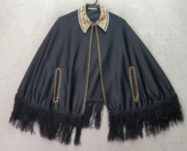 Womens Shawl Medium Black Fringed Pockets Embellished Collared &amp; Trim Hu... - $37.11