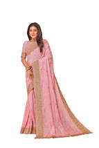 Designer Pink Resham Zari Embroidery Work Sari Crepe Silk Party Wear Saree - £70.85 GBP