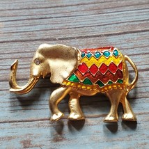 Vintage Enamel Elephant Brooch Gold Tone Bright Colors Rhinestone Eye Un... - $19.79