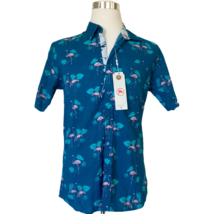 Checkpoint Men&#39;s Tropical Fitted Shirt Size L Flamingos Design, Blue, Cotton NEW - $26.77