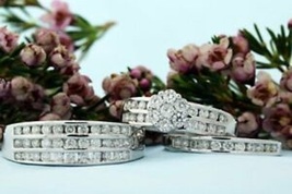 His &amp; Her Wedding Band Bridal set 14K White Gold Plated Diamond Trio Ring Sets 9 - £78.58 GBP