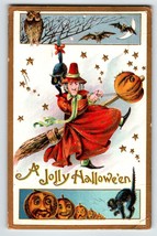 Halloween Postcard Fantasy Witch Black Cat Gold Stars Bats Moon Owl Gobl... - £94.77 GBP