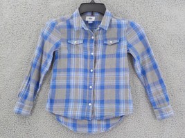 Old Navy Button Up Shirt Boys Sz 8 Blue Grey White Plaid Pockets W/ Flaps HI-LOW - £6.17 GBP