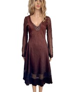 Komarov Dress Brown Beaded Plunge Neckline Crinkle Charmeuse Midi Size L - £59.48 GBP