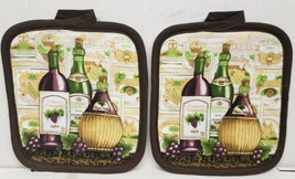 Set Of 2 Printed Kitchen Pot Holders (6&quot;X7&quot;) Wine &amp; Grapes 3 Wine Bottles Brown  - £14.05 GBP