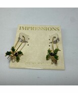 Impressions Holy Leaf Flower Christmas Earrings Green Enamel Red Stones ... - $11.30