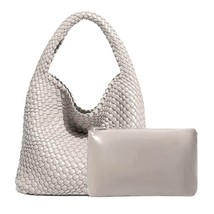 On-Trend Woven Vegan Leather Tote Hobo Shoulder Bag Off White NWT  - $57.42