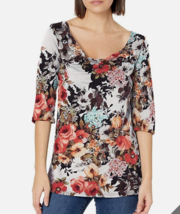 Star Vixen Women&#39;s Elbow Sleeve Drape Neck Silky Top Blouse, Ivory Floral XL NEW - £11.98 GBP