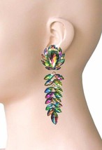 3.75&quot; Long Iridescent Vitrail Green Crystals Statement Linear Earring Pageant  - £16.43 GBP