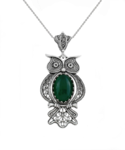 Filigree Art Owl Figured Green Agate Gemstone Women Silver Pendant Necklace - £28.41 GBP