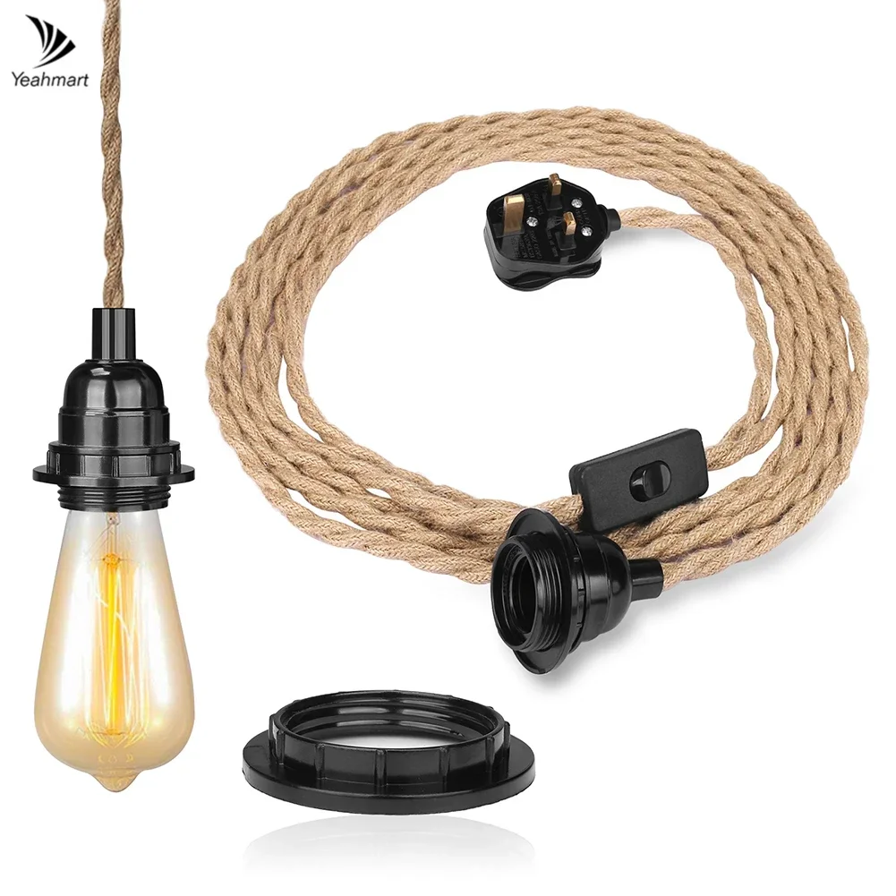 22/14ft Pendant Lights Ceiling Hanging Kit with Switch Vintage Lamp with Hemp - £9.86 GBP+