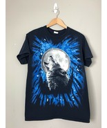 Graphic T-Shirt Howling Wolf Full Moon Shirt Tee Blue Size M Nature 90s ... - £13.39 GBP