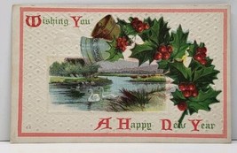 Happy New Year, Doves on Lake Holly &amp; Bells Embossed Postcard G18 - $3.99