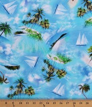 Cotton Palm Trees Sailboats Island Breeze Sky Blue Fabric Print by Yard D782.85 - £11.32 GBP