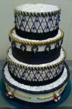 Nautical Navy Blue and Gold Themed Baby Boy Shower 4 Tier Diaper Cake Gift - £172.82 GBP