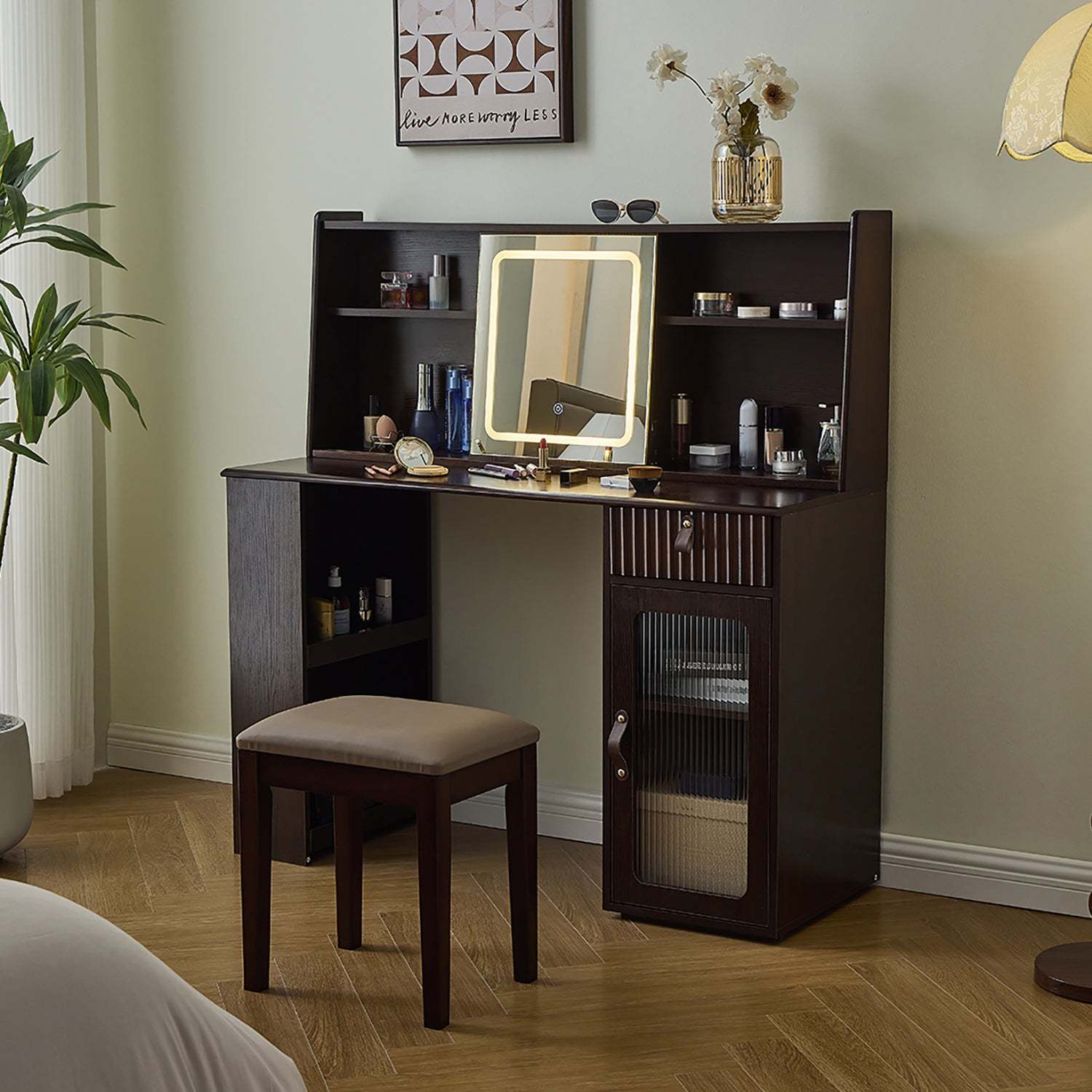 Modern Walnut Makeup Vanity Desk: Lighted Mirror & Storage Item image 13