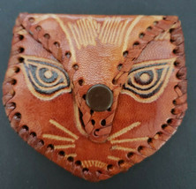 Vintage Coin Purse Hand Made Leather Brown Cat Face Pouch Snap Closure N... - £6.38 GBP
