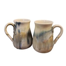 2 Hand Thrown Vtg Studio Art Pottery 16oz Coffee Mugs  Blue Green Signed READ - £18.43 GBP