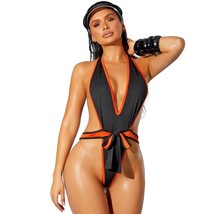 High Cut Monokini Plunging Neckline Thong Back Contrast Trim Black Orang... - £23.67 GBP