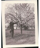 Vintage Sargent Standing Under Cherry Tree Snapshot WWII 1940s - $6.76 CAD