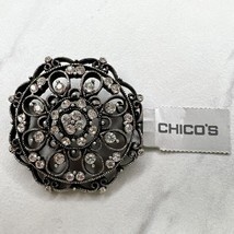 Chico&#39;s Silver Tone Floral Flower Rhinestone Brooch Pin Made in USA - $12.86