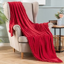 Miulee Fleece Throw Blanket With Pompom Fuzzy Soft Flannel Red Christmas Blanket - £27.07 GBP
