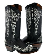 Womens Western Boots Floral Embroidered Black Leather Snip Toe - £99.89 GBP