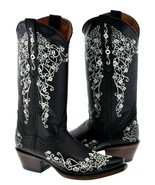 Womens Western Boots Floral Embroidered Black Leather Snip Toe - €86,85 EUR